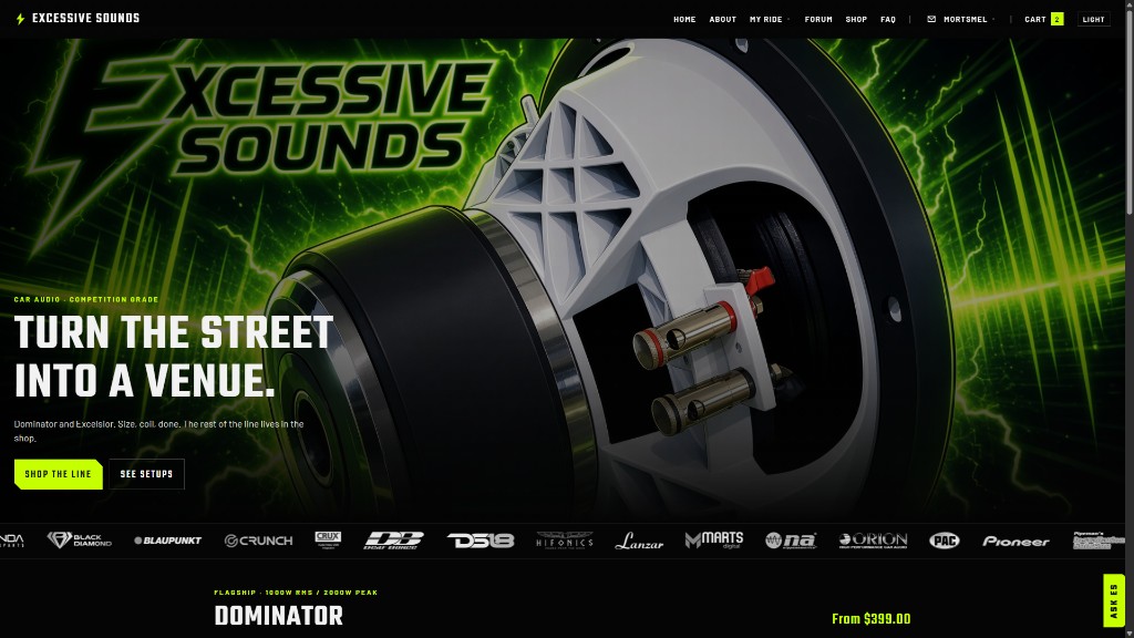 Excessive Sounds storefront running BlueShop
